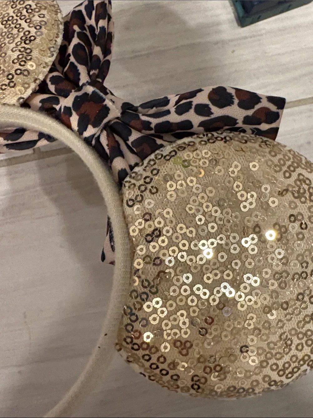 Gold Sequin Minnie Ears Headband with Leopard Bow - Kids Accessories